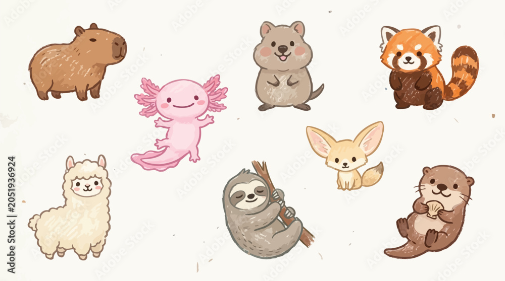 Obraz premium A charming collection of cute, hand-drawn cartoon animals including a capybara, axolotl, quokka, red panda, llama, sloth, fennec fox, and otter.