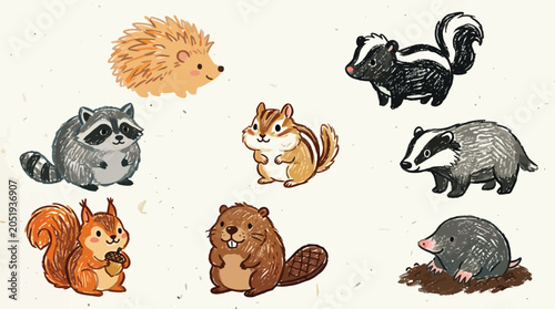 Photography A charming collection of cute, hand-drawn woodland forest animals including a hedgehog, raccoon, chipmunk, squirrel, beaver, skunk, badger, and mole