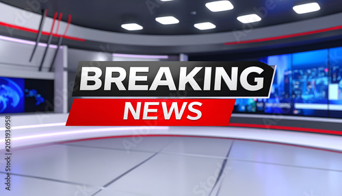 Breaking News Studio Background with Modern Design and Digital Screens.