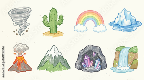 Принти на полотні Collection of colorful illustrations representing various natural phenomena and elements