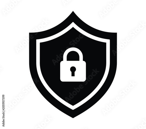 Obraz na płótnie Protection shield and lock vector illustration, security logo symbol for data safety authentication and digital defense