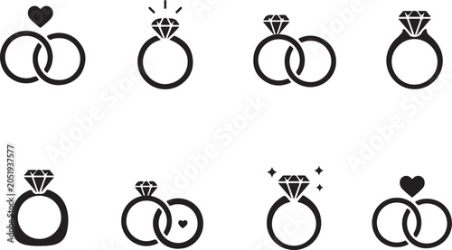 Wedding ring icon set marriage jewelry symbols collection with engagement graphic design elements