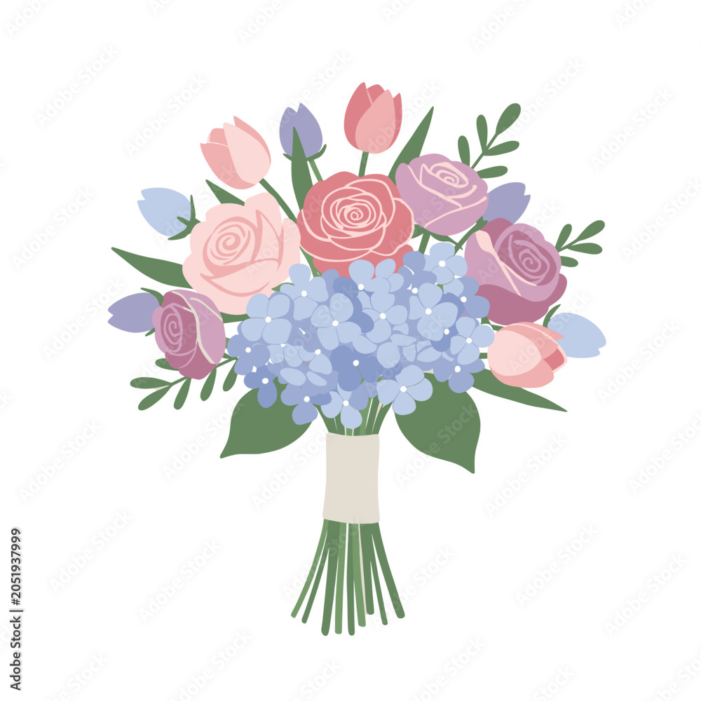 Obraz premium Beautiful hand-drawn flower bouquet featuring pink roses, blue hydrangeas, and tulips tied with a ribbon, isolated on white background