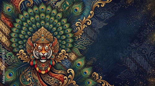 Reog Ponorogo Abstract Batik Background with Ornate Peacock Feather Patterns and Royal Gold Accents, Elegant Indonesian Cultural Heritage Design