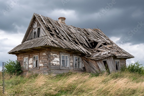 A dilapidated wooden abandoned house with a collapsed roof and broken windows in a field.