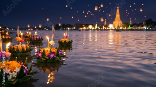 Loy Krathong, beautifully decorated krathong floating on calm water with candlelight reflections