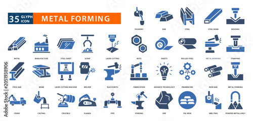 Bild auf Leinwand metal forming icon set with foundry, bar, steel, steel beam, bending, metal, man