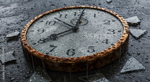 Broken clock on wet surface depicting time concept and passing moments