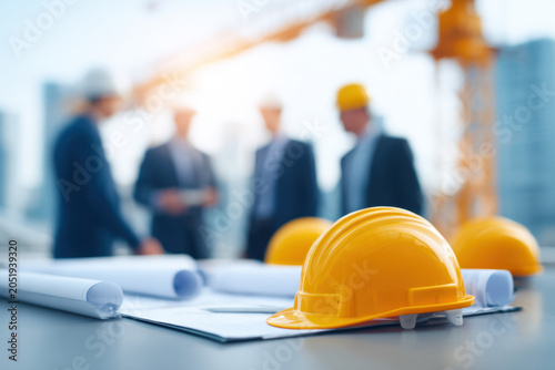 Construction site yellow helmet blueprint plan business meeting architecture office engineering team safety equipment project planning building site blurred background hard hat work document