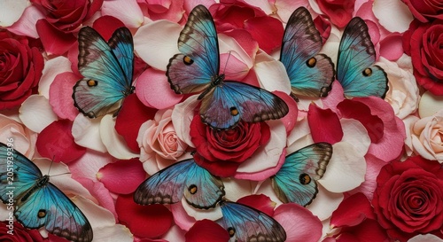 Butterflies on red and pink rose petals nature floral background design