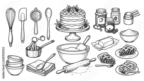 Canvastavla Vintage hand drawn baking tools and dessert collection, rustic kitchen utensils