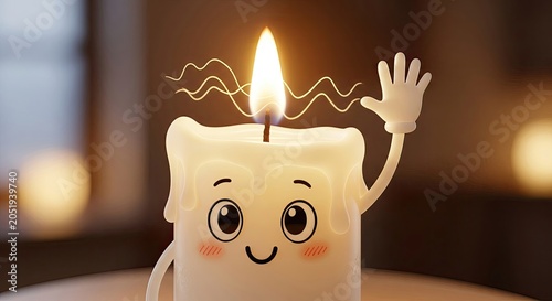 Cartoon candle character with flame and waving hand symbol illustration