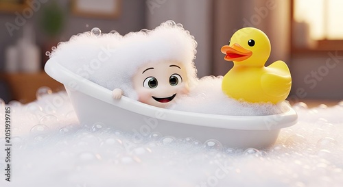 Cartoon character enjoys bubble bath with rubber duck toy in a tub