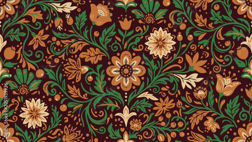 Foto Seamless Slavic Folk Floral Pattern with Vintage Ornament on Dark Red Background