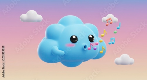 Cartoon cloud character whistling musical notes against gradient sky background