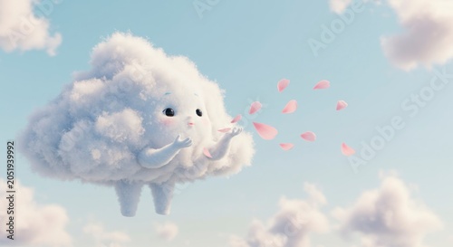 Cartoon cloud character blowing petals in a bright blue sky background