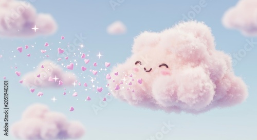 Cartoon cloud illustration pink and happy cloud smiling in a pastel sky