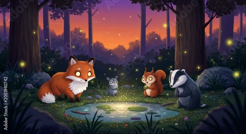 Cartoon forest scene with animals illuminated by magical light at sunset