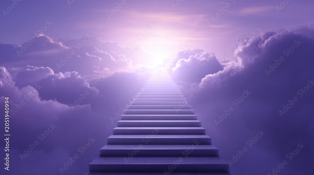 Fototapeta premium Surreal stairway to heaven, long white marble staircase, purple cloud sky, glowing light, fantasy scene