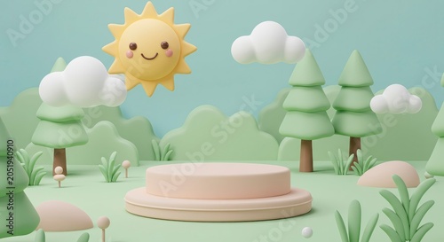 Cartoon scene with a stage sun clouds trees and green landscape background