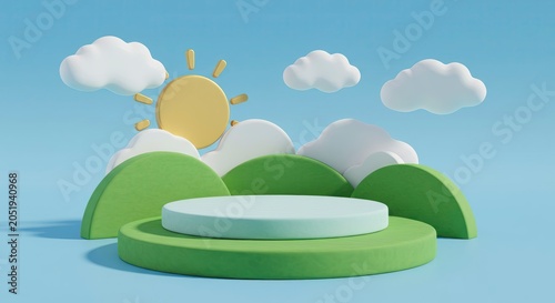 Cartoon scene with podium sun clouds and hills product display illustration