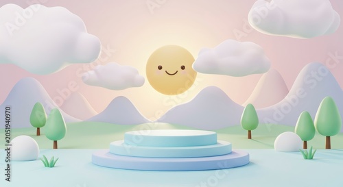 Cartoon scene with clouds sun mountains and a podium for product display