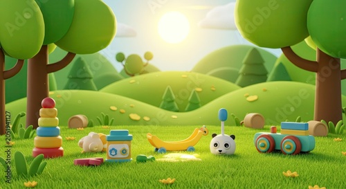 Cartoon scene with toys in a green landscape with trees and sunlight