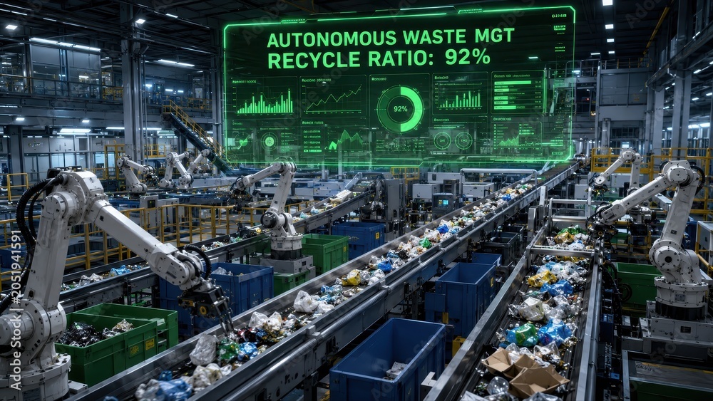 Fototapeta premium Robotic AI Automation Sorting Waste in a Recycling Facility for Sustainability