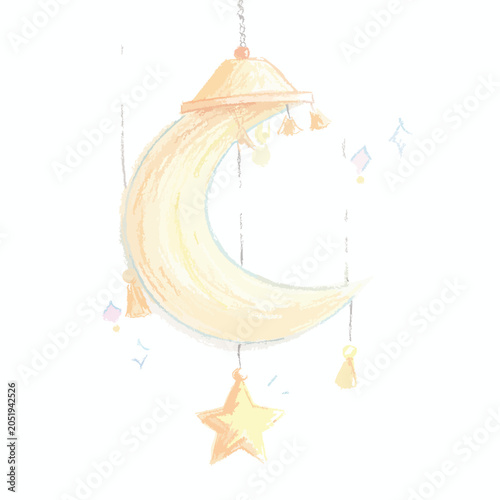 Watercolor illustration of a baby nursery moon and star mobile.
