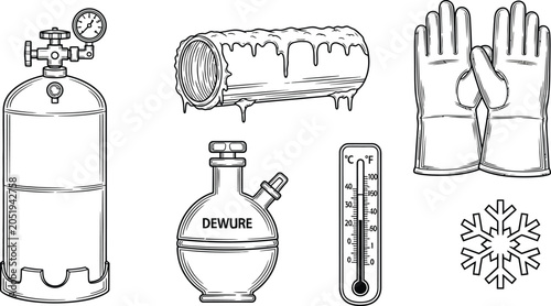 Tableau sur toile Collection of cryogenic equipment and symbols including a gas cylinder insulated