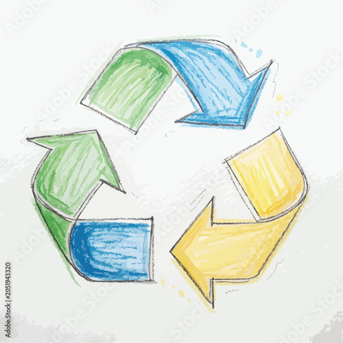 Hand drawn multicolored recycling symbol on white paper.