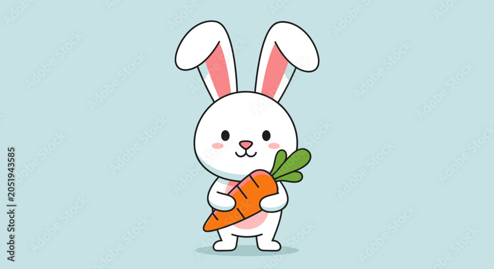 Obraz premium Cute cartoon white rabbit holding carrot.