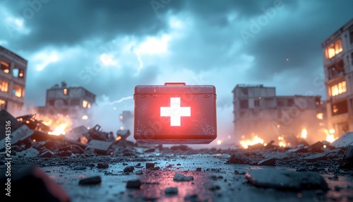 A glowing red first aid kit stands amidst rubble and flames in a war-torn cityscape under a stormy sky with destruction.
