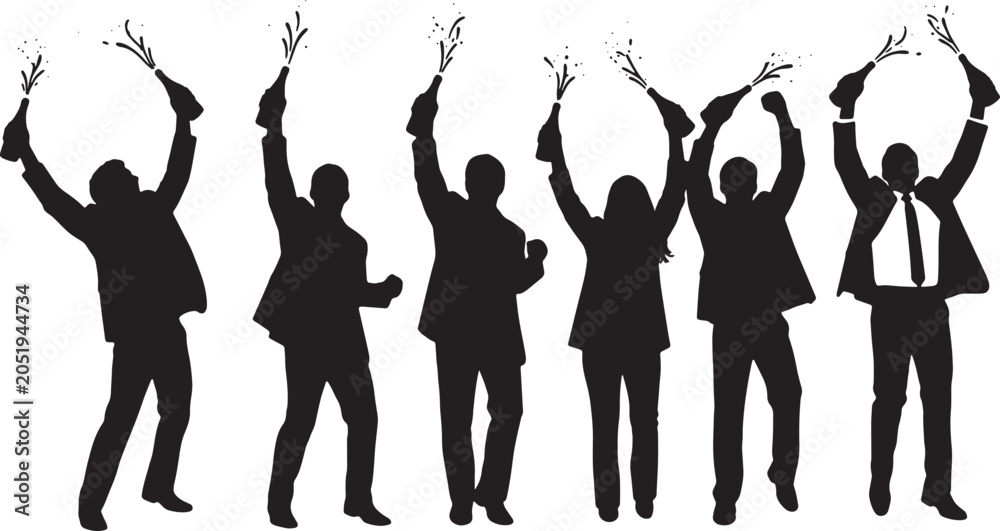 Fototapeta premium Black Solid Successful Founder Popping Champagne Silhouettes Set of Six on White Background