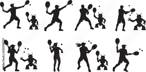 Foto Black Solid Robot Human Tennis Match Silhouettes Set of Six on White Background