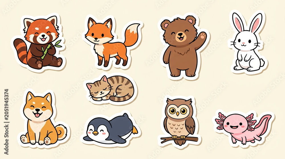 Fototapeta premium Cute Cartoon Forest Animals Set Resting and Sitting in Hand Drawn Style Illustration