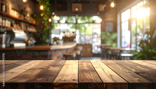 Empty Wooden Table in Cozy Coffee Shop with Natural Light.