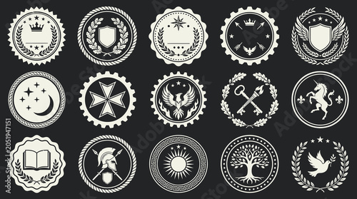 Photos Premium collection of 15 monochromatic vintage heraldic crests and circular seal emblems including icons of a phoenix, unicorn, dove, sun, and spartan helmet for classic branding and identity