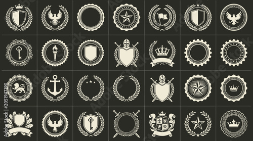 Foto Large Collection of Vintage Heraldic Emblems and Badges Featuring Shields, Crowns, Laurel Wreaths, Anchors, Stars, and Eagles for Premium Corporate Branding and Classic Logo Design Templates