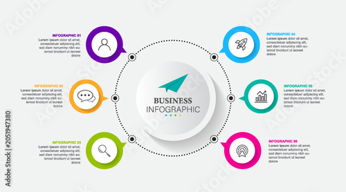 Business 6 step process chart infographics with step circles. Circular corporate graphic elements. Company presentation slide template. Modern vector info graphic layout design.