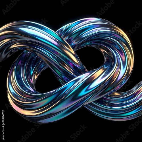 Abstract 3D acid graphic layout, a massive twisted metallic ribbon with liquid chrome surface and iridescent holographic