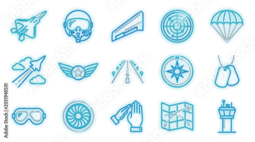 Bild auf Leinwand Collection of aviation and air force icons with a blue neon outline on a white background
