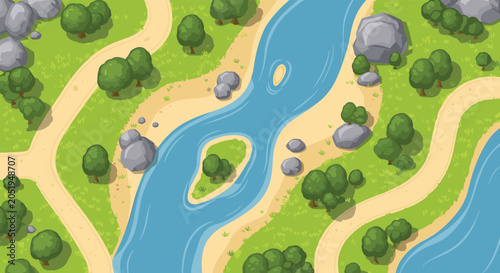 Aerial top view of a winding blue river flowing through a green meadow landscape with trees, rocks, and sand paths.
