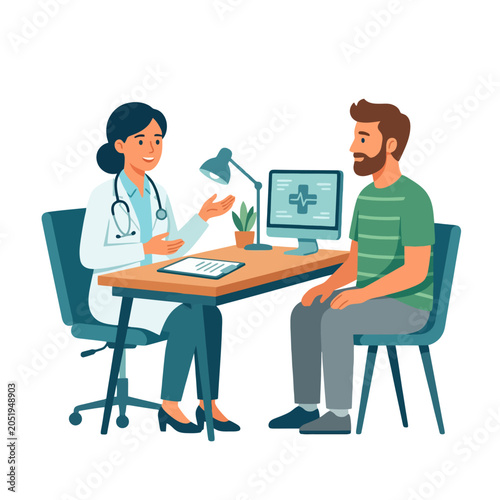 Fotografie A female doctor consults with a male patient in an office
