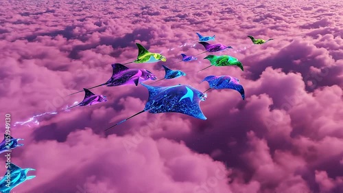 Colorful stingrays flying above clouds.