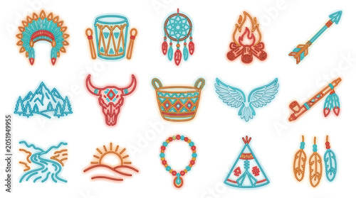 Fotografia Native American cultural symbols and icons, including a headdress, dreamcatcher, teepee, and buffalo skull