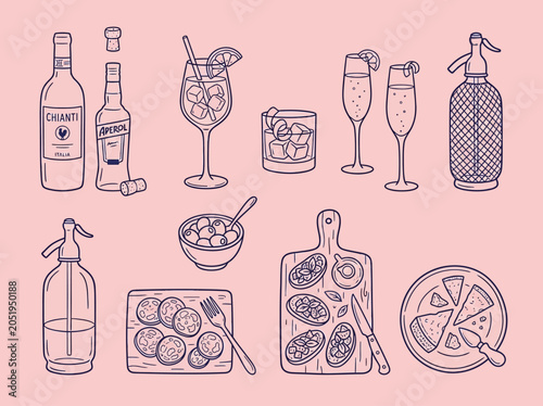 Obraz na plátně Italian Aperitivo Illustration Set - Hand Drawn Cocktails, Wine, and Gourmet Sna