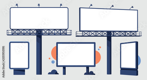 Collection of various outdoor billboard structures in different orientations and sizes for advertising and marketing campaign design.
