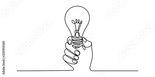 Hand holding a light bulb, one line drawing, symbolizing an idea or inspiration