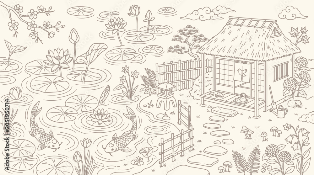 Obraz premium Tranquil Japanese garden scene with koi fish, water lilies, and a traditional tea house, rendered in a delicate line art style.